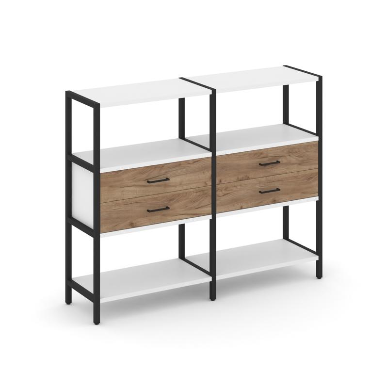 Shelf System Двухсекционный стеллаж трехярусный с ящиками SN.STM-322 Белый/Дуб Табак/Металл Черный 1