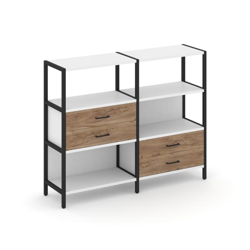 Shelf System Двухсекционный стеллаж трехярусный с ящиками SN.STM-323 Белый/Дуб Табак/Металл Черный 1