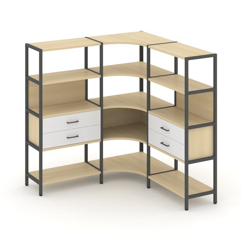 Shelf System Трехсекционный угловой стеллаж четырехярусный с ящиками SN.STMU-431 Акация Лорка/Белый/