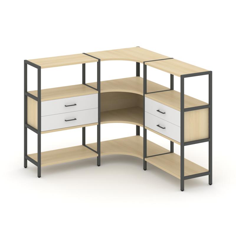 Shelf System Трехсекционный угловой стеллаж трехярусный с ящиками SN.STMU-331 Акация Лорка/Белый/Мет