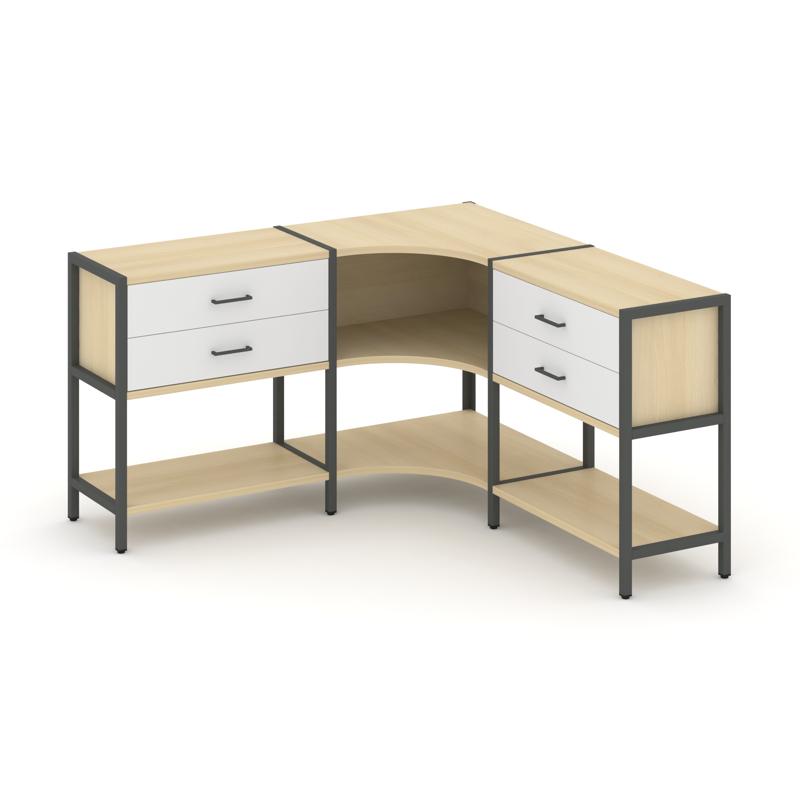 Shelf System Трехсекционный угловой стеллаж двухярусный с ящиками SN.STMU-231 Акация Лорка/Белый/Мет