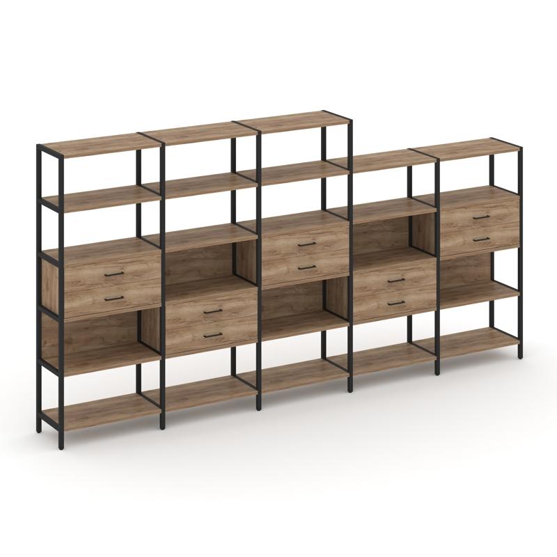 Shelf System Пятисекционный стеллаж пятиярусный с ящиками SN.STM-551 Дуб Табак/Металл Черный 3930*40