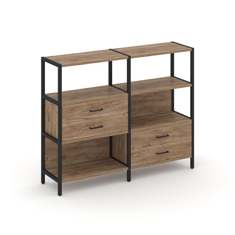 Shelf System Двухсекционный стеллаж трехярусный с ящиками SN.STM-323 Дуб Табак/Металл Черный 1590*40