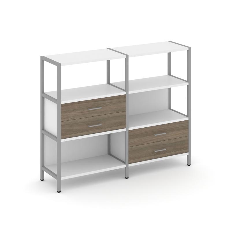 Shelf System Двухсекционный стеллаж трехярусный с ящиками SN.STM-323 Белый/Вяз Благородный/Металл Се