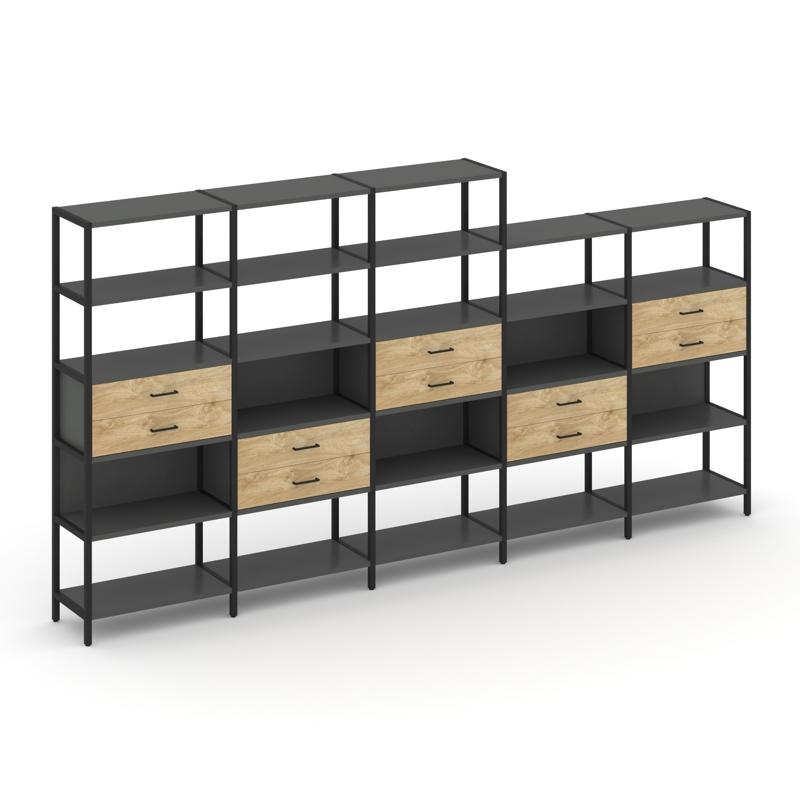 Shelf System Пятисекционный стеллаж пятиярусный с ящиками SN.STM-551 Антрацит/Тиквуд Светлый/Металл