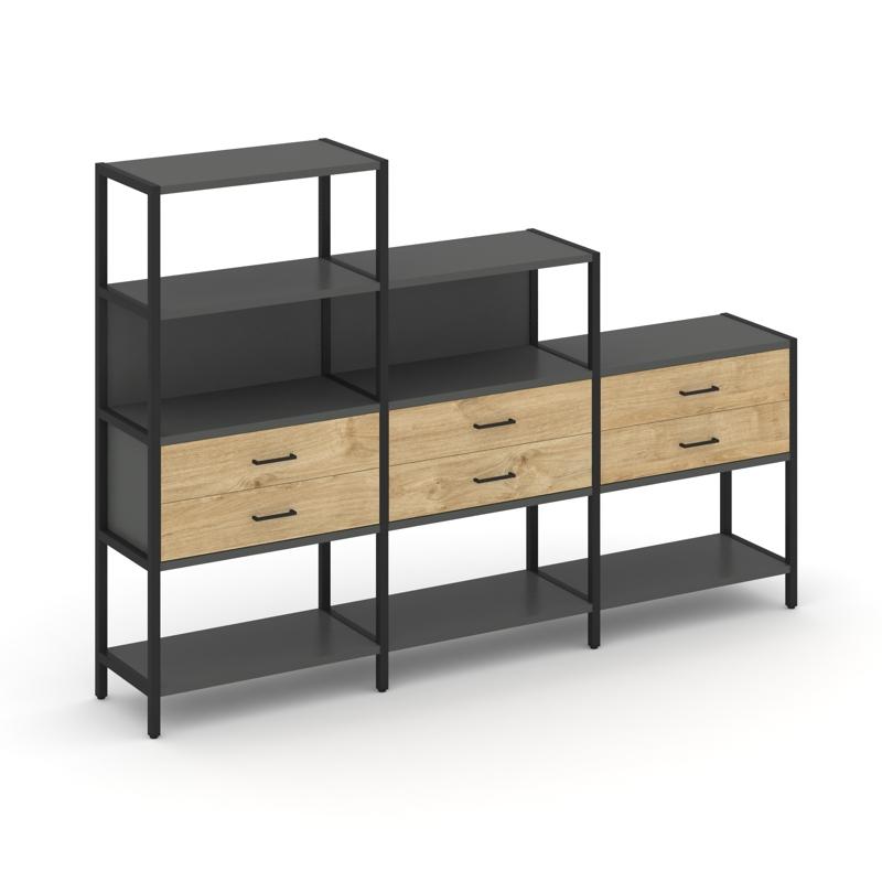 Shelf System Трехсекционный стеллаж четырех/трех/двухярусный с ящиками SN.STM-431 Антрацит/Тиквуд Св
