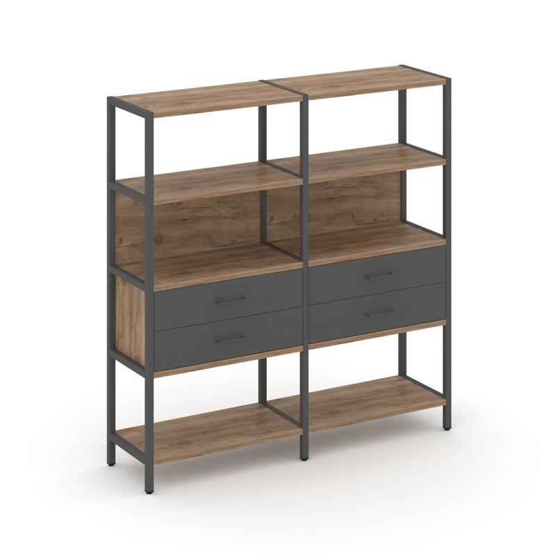 Shelf System Двухсекционный стеллаж четырехярусный с ящиками SN.STM-422 Дуб Табак/Антрацит/Металл Ан