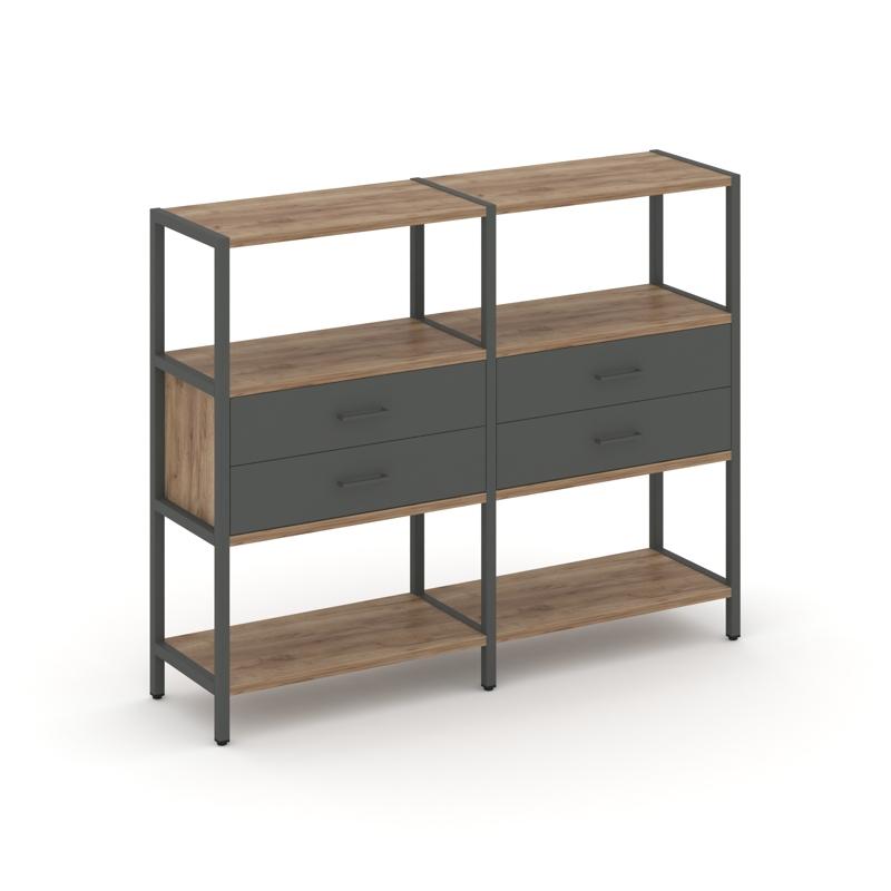 Shelf System Двухсекционный стеллаж трехярусный с ящиками SN.STM-322 Дуб Табак/Антрацит/Металл Антра