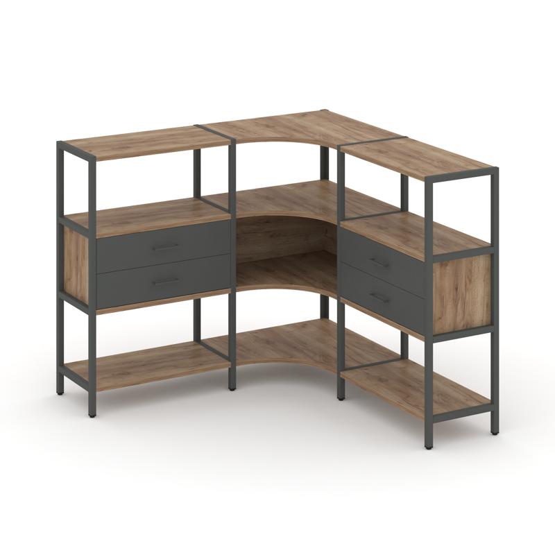 Shelf System Трехсекционный угловой стеллаж трехярусный с ящиками SN.STMU-331 Дуб Табак/Антрацит/Мет