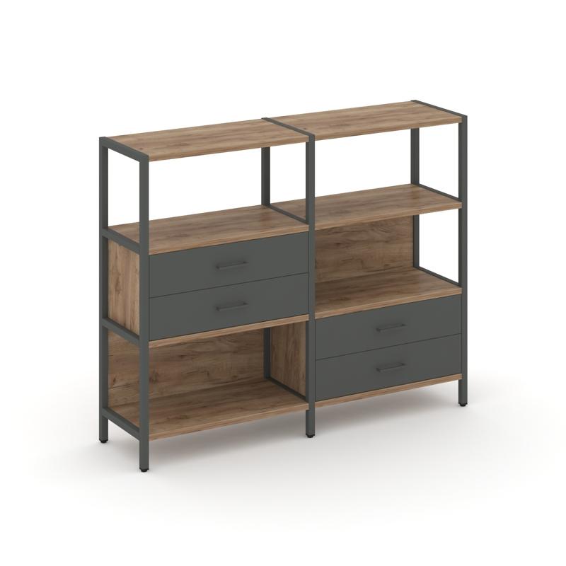 Shelf System Двухсекционный стеллаж трехярусный с ящиками SN.STM-323 Дуб Табак/Антрацит/Металл Антра