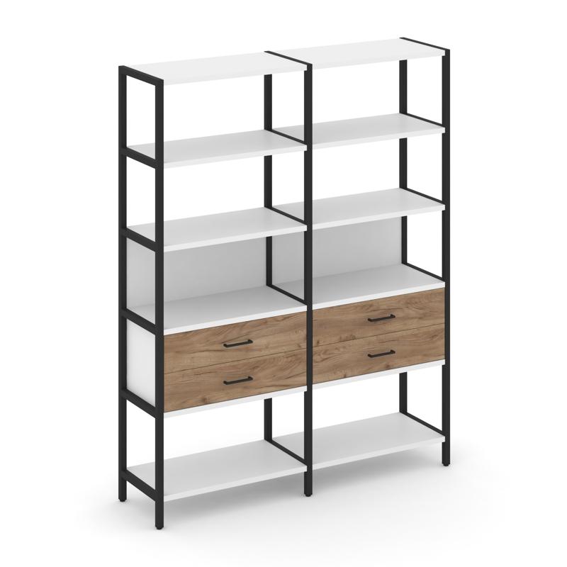 Shelf System Двухсекционный стеллаж пятиярусный с ящиками SN.STM-522 Белый/Дуб Табак/Металл Черный 1