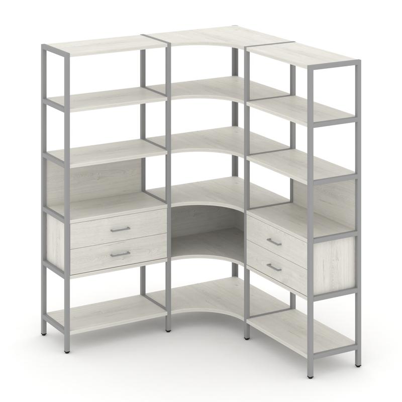 Shelf System Трехсекционный угловой стеллаж пятиярусный с ящиками SN.STMU-531 Дуб Наварра/Металл Сер