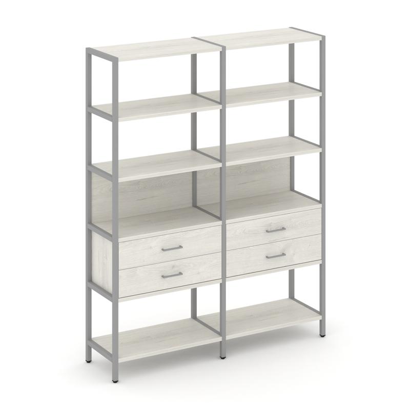 Shelf System Двухсекционный стеллаж пятиярусный с ящиками SN.STM-522 Дуб Наварра/Металл Серый 1590*4