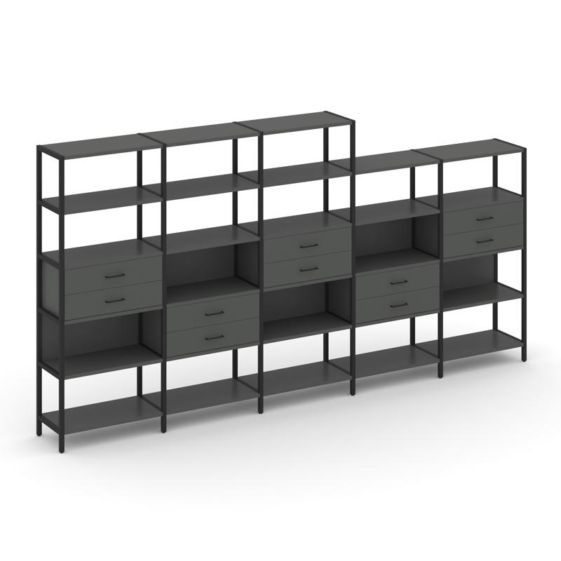 Shelf System Пятисекционный стеллаж пятиярусный с ящиками SN.STM-551 Антрацит/Металл Черный 3930*400
