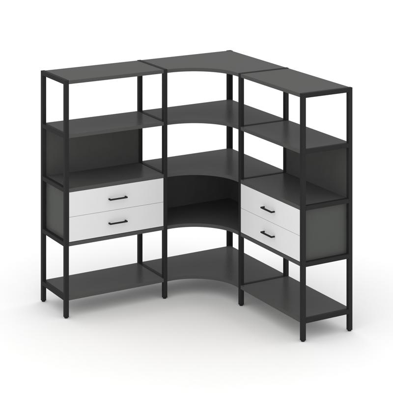 Shelf System Трехсекционный угловой стеллаж четырехярусный с ящиками SN.STMU-431 Антрацит/Белый/Мета