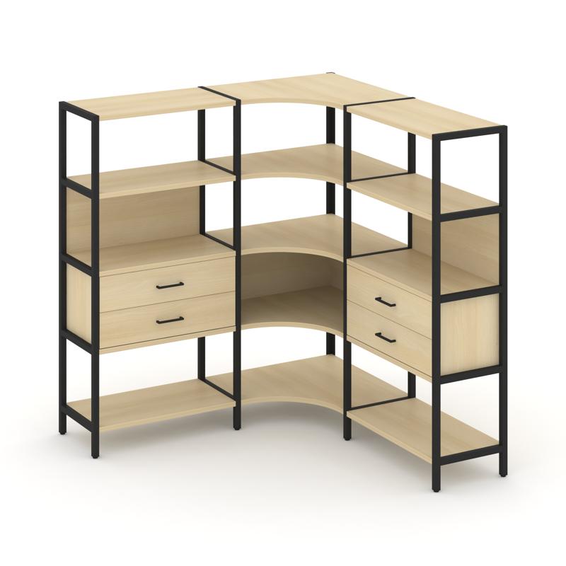 Shelf System Трехсекционный угловой стеллаж четырехярусный с ящиками SN.STMU-431 Акация Лорка/Металл