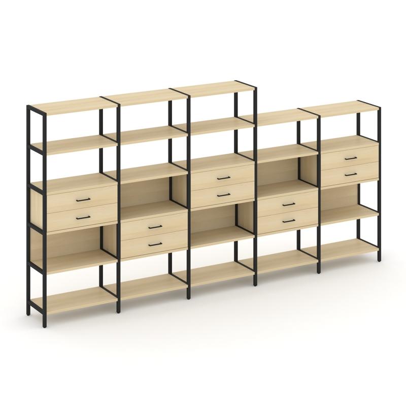 Shelf System Пятисекционный стеллаж пятиярусный с ящиками SN.STM-551 Акация Лорка/Металл Черный 3930