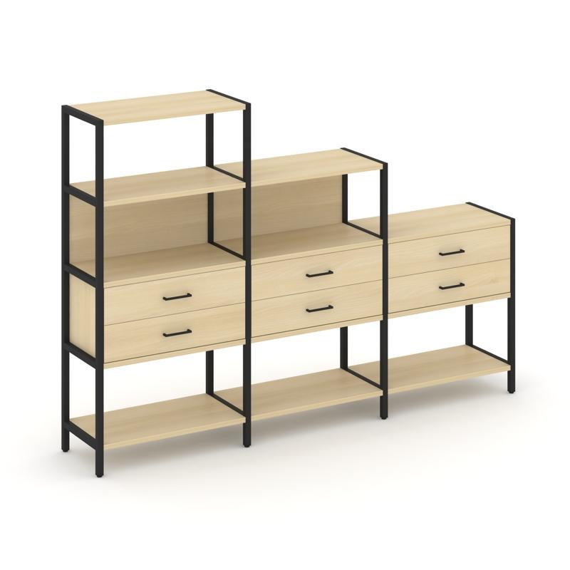 Shelf System Трехсекционный стеллаж четырех/трех/двухярусный с ящиками SN.STM-431 Акация Лорка/Метал