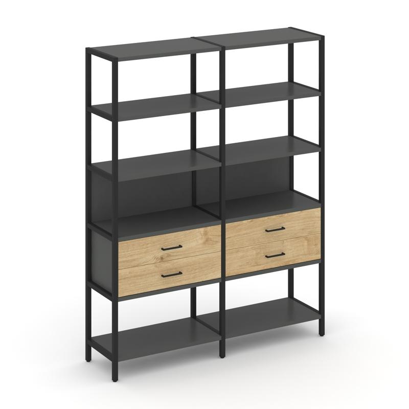 Shelf System Двухсекционный стеллаж пятиярусный с ящиками SN.STM-522 Антрацит/Тиквуд Светлый/Металл