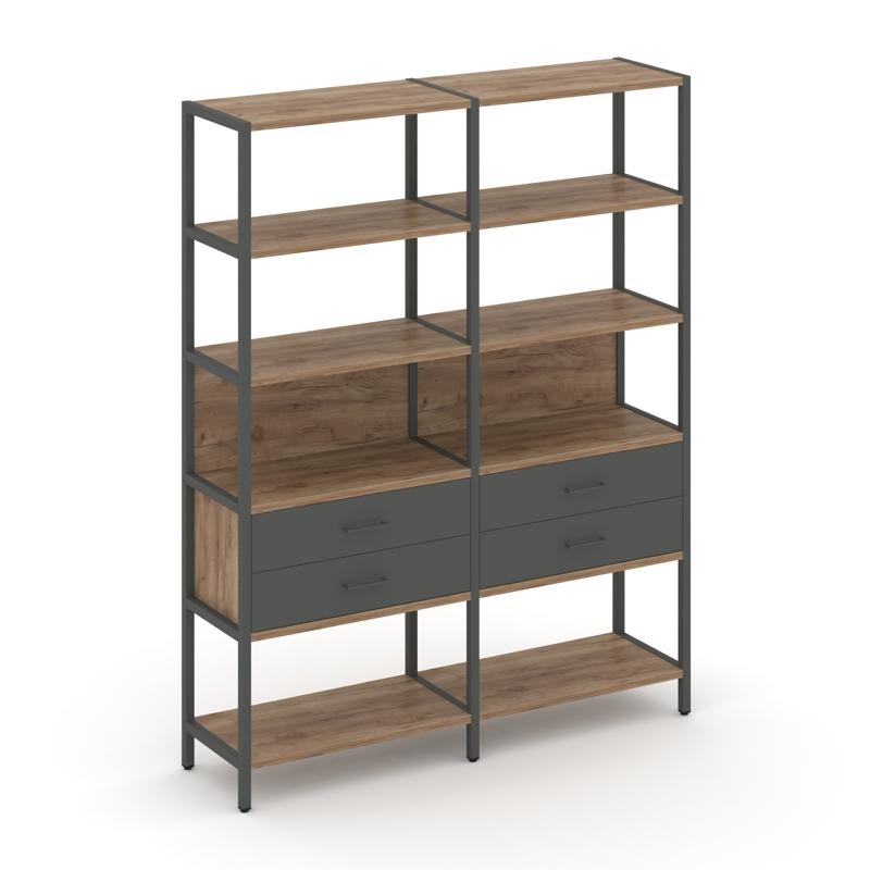 Shelf System Двухсекционный стеллаж пятиярусный с ящиками SN.STM-522 Дуб Табак/Антрацит/Металл Антра