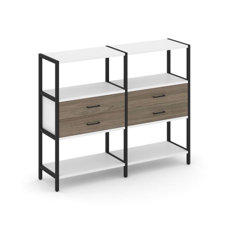 Shelf System Двухсекционный стеллаж трехярусный с ящиками SN.STM-322 Белый/Вяз Благородный/Металл Че