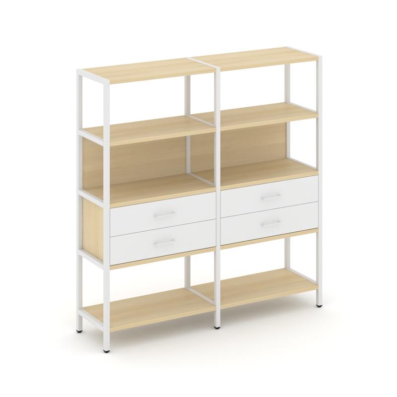 Shelf System Двухсекционный стеллаж четырехярусный с ящиками SN.STM-422 Акация Лорка/Белый/Металл Бе