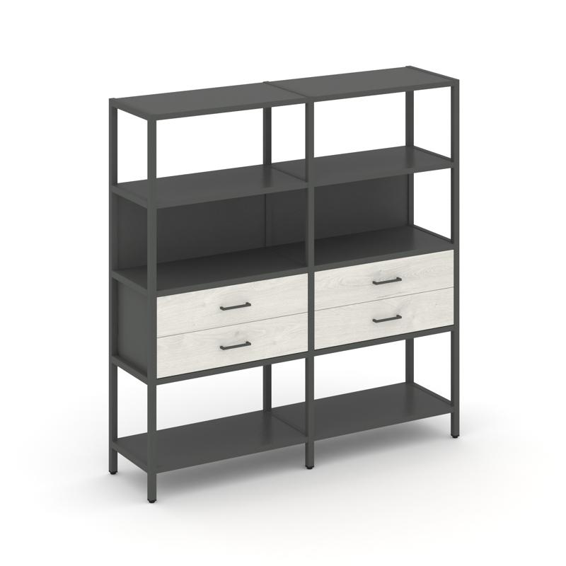Shelf System Двухсекционный стеллаж четырехярусный с ящиками SN.STM-422 Антрацит/Дуб Наварра/Металл