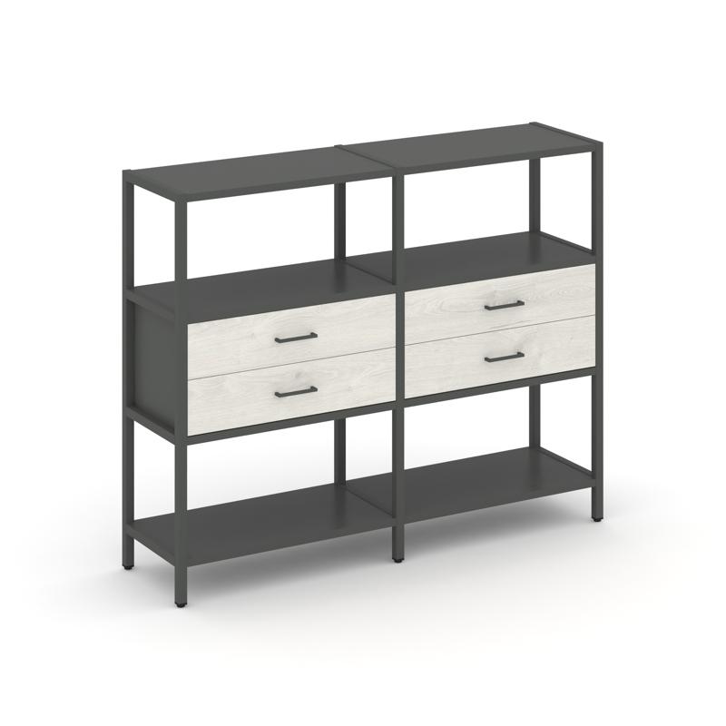 Shelf System Двухсекционный стеллаж трехярусный с ящиками SN.STM-322 Антрацит/Дуб Наварра/Металл Ант