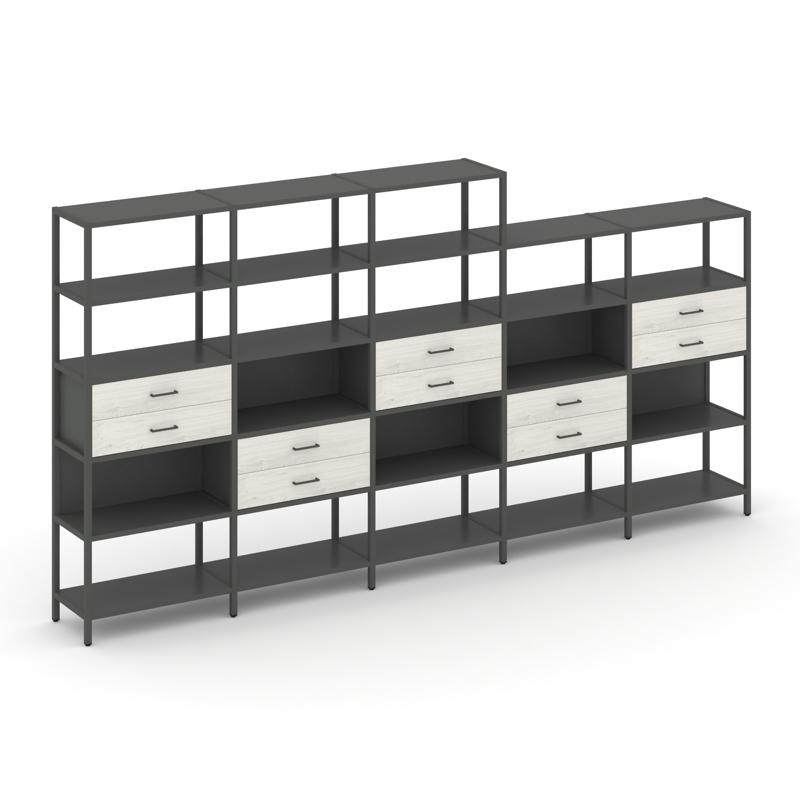 Shelf System Пятисекционный стеллаж пятиярусный с ящиками SN.STM-551 Антрацит/Дуб Наварра/Металл Ант