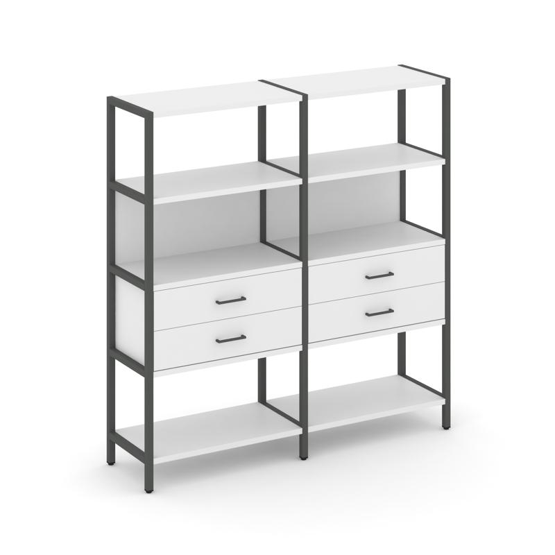 Shelf System Двухсекционный стеллаж четырехярусный с ящиками SN.STM-422 Белый/Металл Антрацит 1590*4