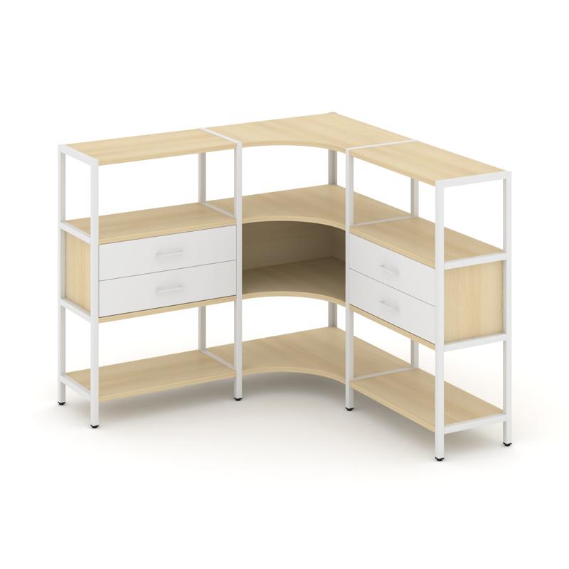 Shelf System Трехсекционный угловой стеллаж трехярусный с ящиками SN.STMU-331 Акация Лорка/Белый/Мет