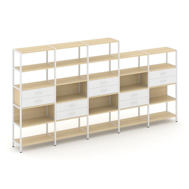 Shelf System Пятисекционный стеллаж пятиярусный с ящиками SN.STM-551 Акация Лорка/Белый/Металл Белый