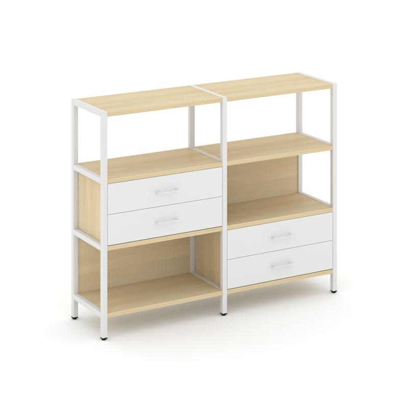 Shelf System Двухсекционный стеллаж трехярусный с ящиками SN.STM-323 Акация Лорка/Белый/Металл Белый