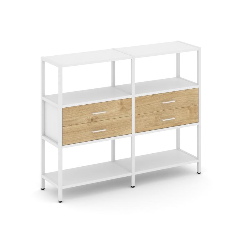 Shelf System Двухсекционный стеллаж трехярусный с ящиками SN.STM-322 Белый/Тиквуд Светлый/Металл Бел