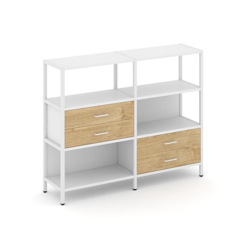 Shelf System Двухсекционный стеллаж трехярусный с ящиками SN.STM-323 Белый/Тиквуд Светлый/Металл Бел