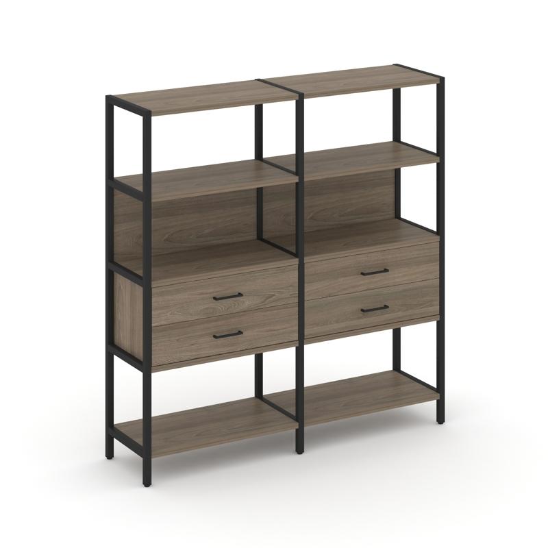 Shelf System Двухсекционный стеллаж четырехярусный с ящиками SN.STM-422 Вяз Благородный/Металл Черны