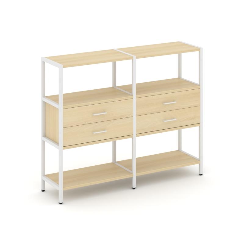 Shelf System Двухсекционный стеллаж трехярусный с ящиками SN.STM-322 Акация Лорка/Металл Белый 1590*