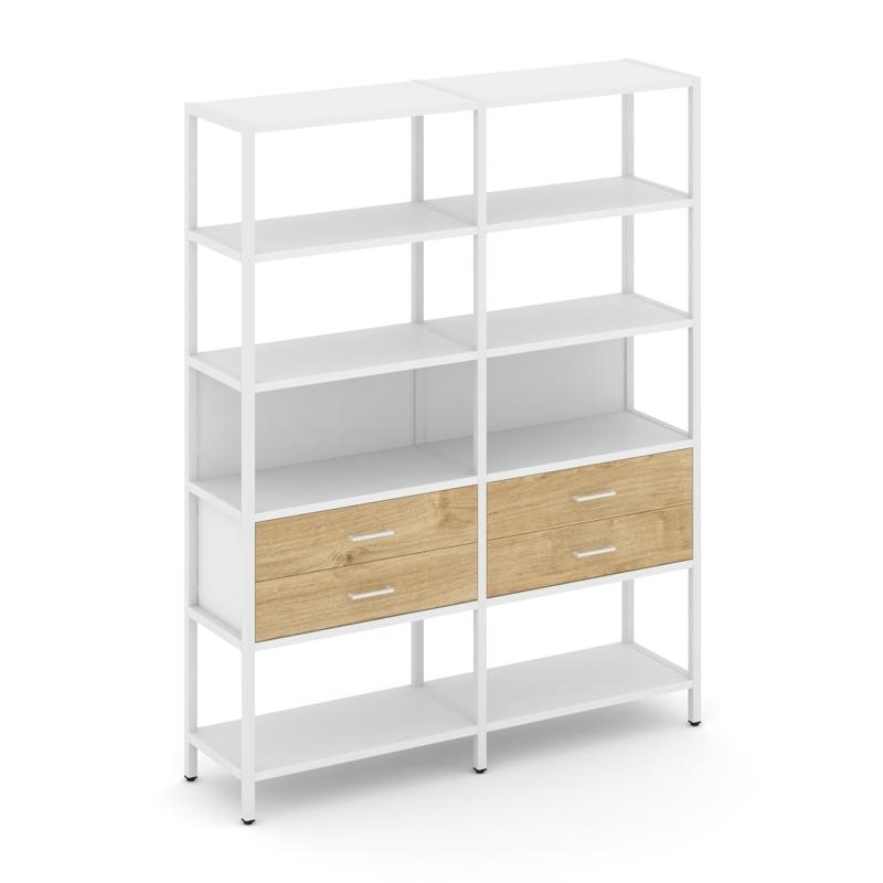 Shelf System Двухсекционный стеллаж пятиярусный с ящиками SN.STM-522 Белый/Тиквуд Светлый/Металл Бел