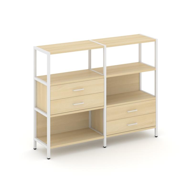Shelf System Двухсекционный стеллаж трехярусный с ящиками SN.STM-323 Акация Лорка/Металл Белый 1590*