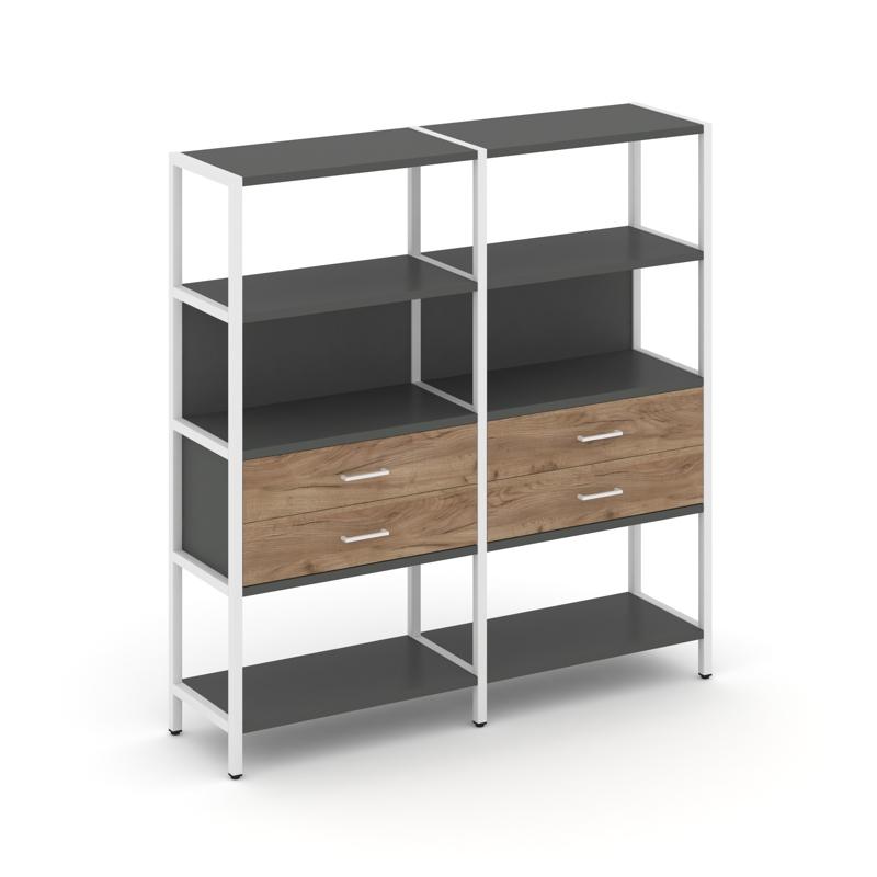 Shelf System Двухсекционный стеллаж четырехярусный с ящиками SN.STM-422 Антрацит/Дуб Табак/Металл Бе