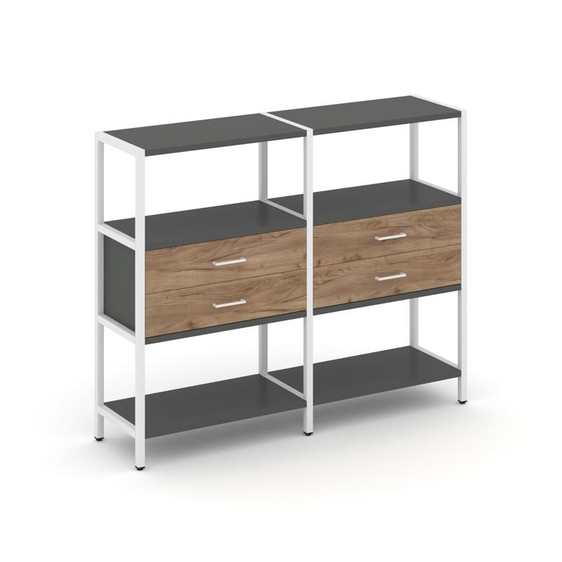 Shelf System Двухсекционный стеллаж трехярусный с ящиками SN.STM-322 Антрацит/Дуб Табак/Металл Белый