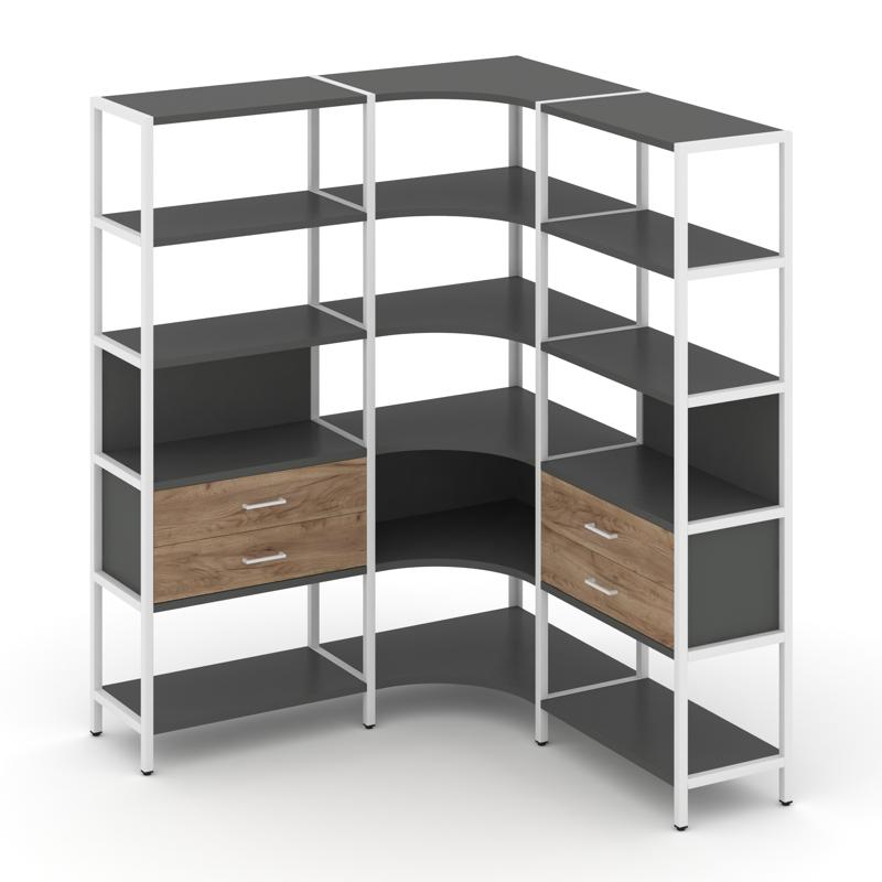 Shelf System Трехсекционный угловой стеллаж пятиярусный с ящиками SN.STMU-531 Антрацит/Дуб Табак/Мет