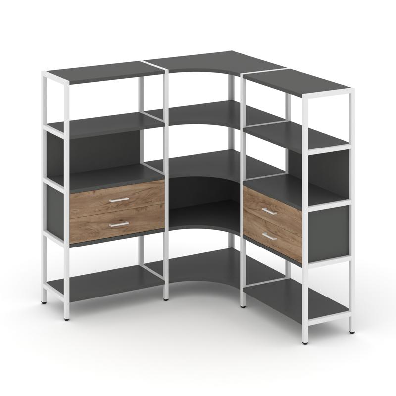 Shelf System Трехсекционный угловой стеллаж четырехярусный с ящиками SN.STMU-431 Антрацит/Дуб Табак/