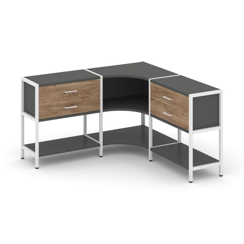 Shelf System Трехсекционный угловой стеллаж двухярусный с ящиками SN.STMU-231 Антрацит/Дуб Табак/Мет