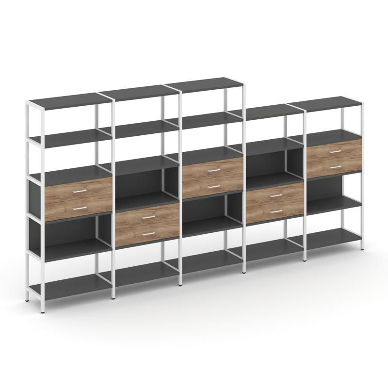 Shelf System Пятисекционный стеллаж пятиярусный с ящиками SN.STM-551 Антрацит/Дуб Табак/Металл Белый