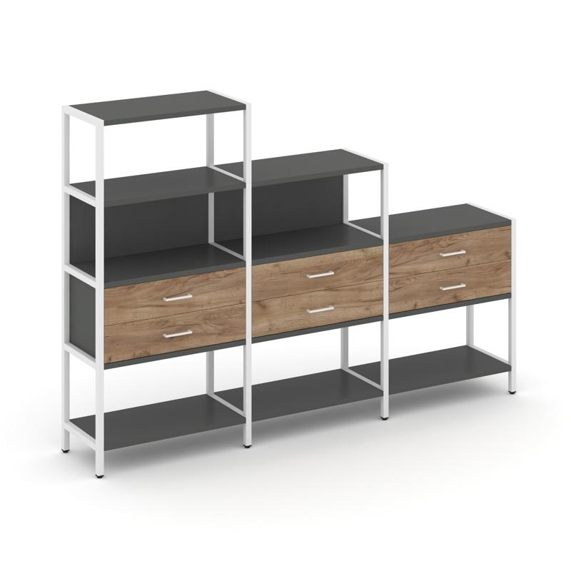 Shelf System Трехсекционный стеллаж четырех/трех/двухярусный с ящиками SN.STM-431 Антрацит/Дуб Табак