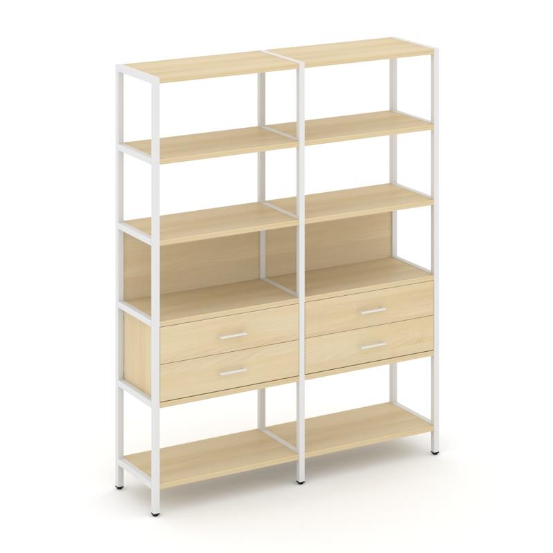 Shelf System Двухсекционный стеллаж пятиярусный с ящиками SN.STM-522 Акация Лорка/Металл Белый 1590*
