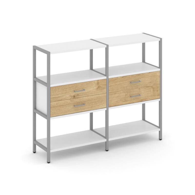 Shelf System Двухсекционный стеллаж трехярусный с ящиками SN.STM-322 Белый/Тиквуд Светлый/Металл Сер