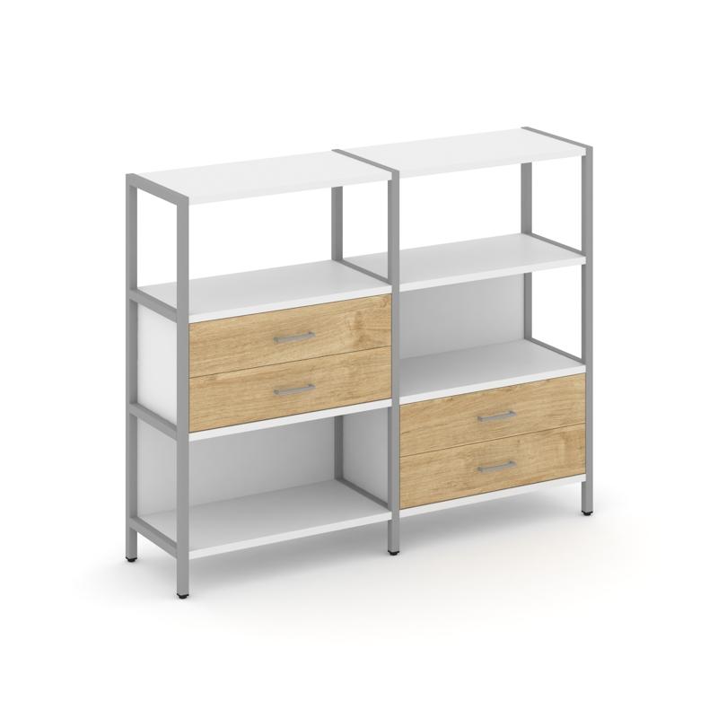 Shelf System Двухсекционный стеллаж трехярусный с ящиками SN.STM-323 Белый/Тиквуд Светлый/Металл Сер