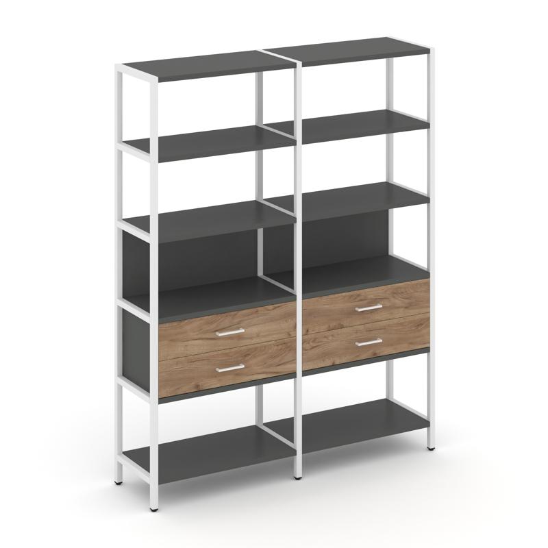 Shelf System Двухсекционный стеллаж пятиярусный с ящиками SN.STM-522 Антрацит/Дуб Табак/Металл Белый